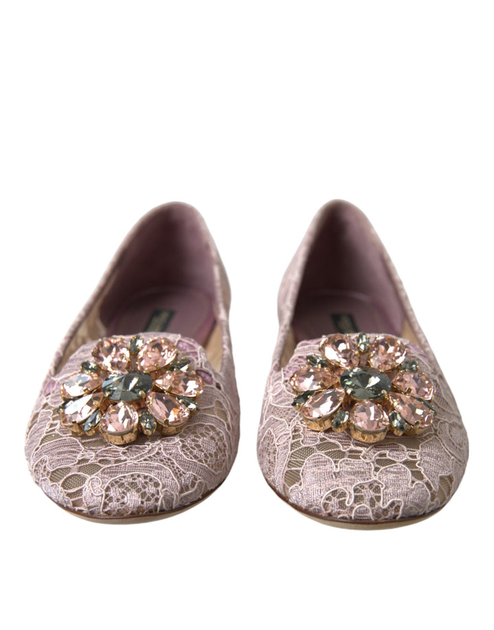 Women’s Dolce &amp; Gabbana Pink Lace Crystal Ballet Flats Loafers Shoes