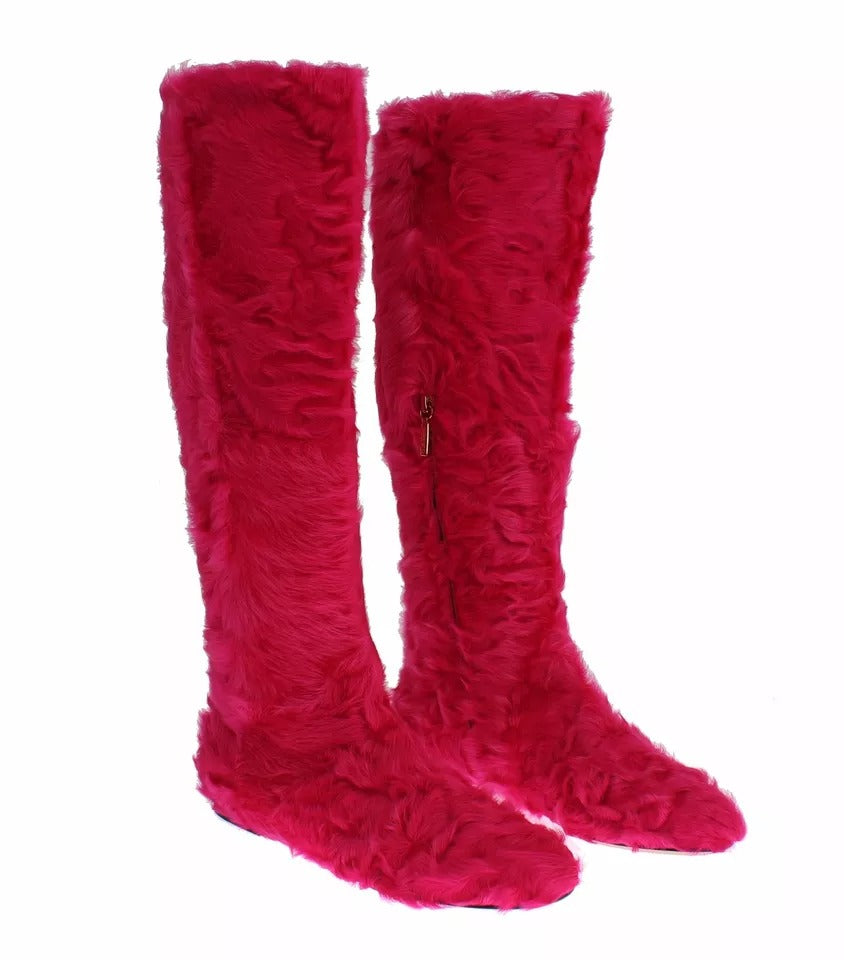 Women’s Dolce &amp; Gabbana Pink Lamb Fur Leather Flat Boots Shoes