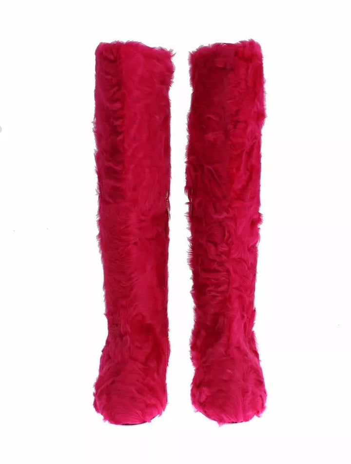 Women’s Dolce &amp; Gabbana Pink Lamb Fur Leather Flat Boots Shoes