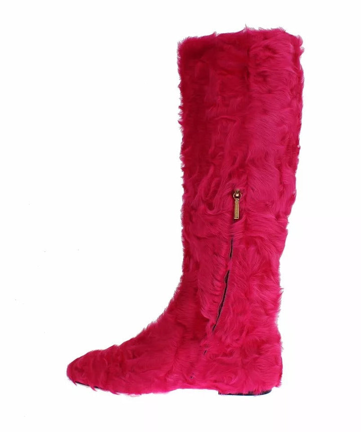Women’s Dolce &amp; Gabbana Pink Lamb Fur Leather Flat Boots Shoes