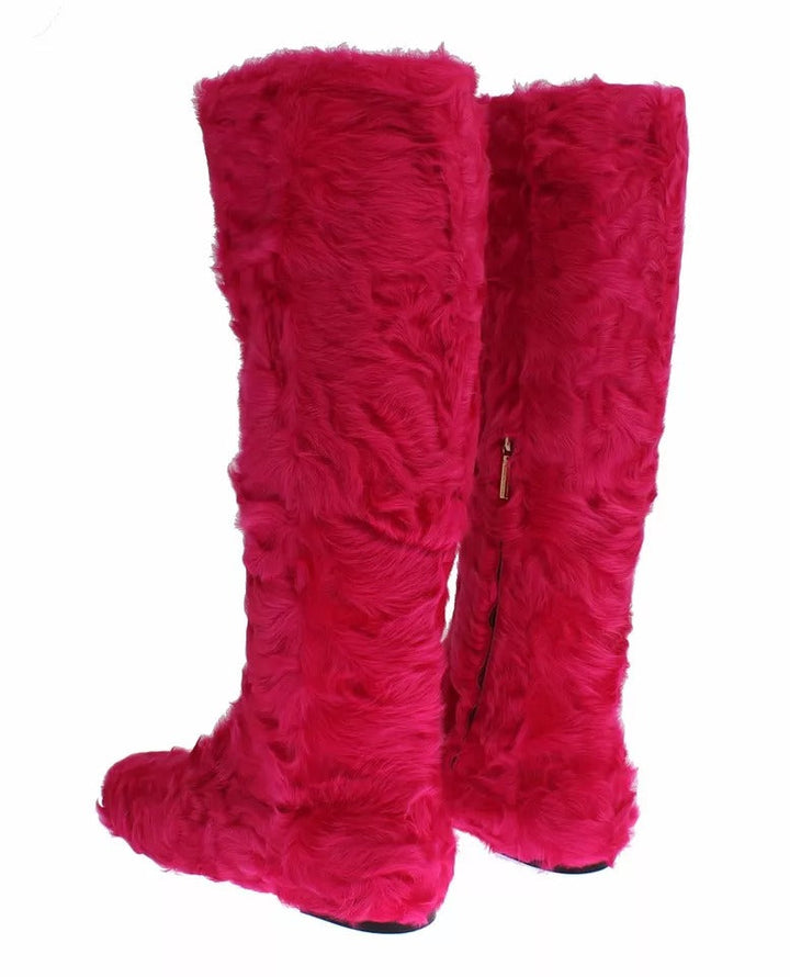 Women’s Dolce &amp; Gabbana Pink Lamb Fur Leather Flat Boots Shoes