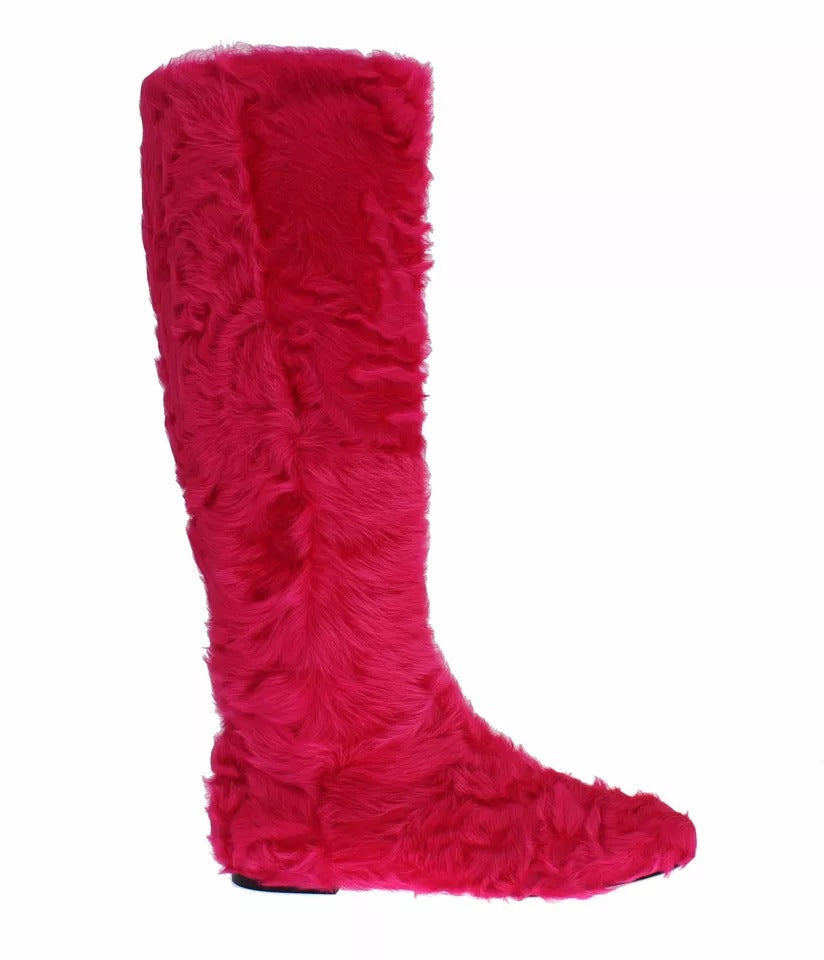 Women’s Dolce &amp; Gabbana Pink Lamb Fur Leather Flat Boots Shoes