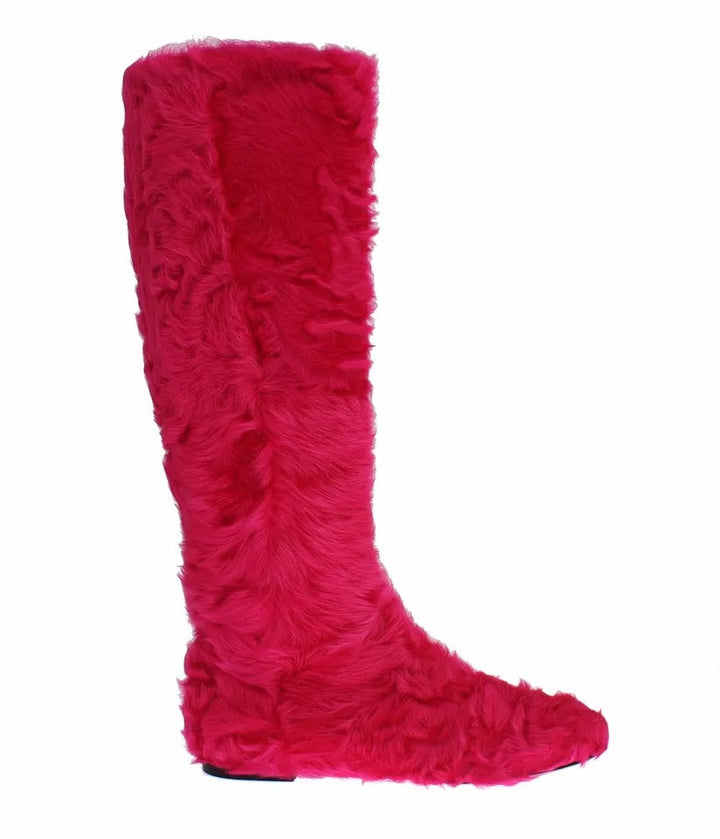 Women’s Dolce &amp; Gabbana Pink Lamb Fur Leather Flat Boots Shoes