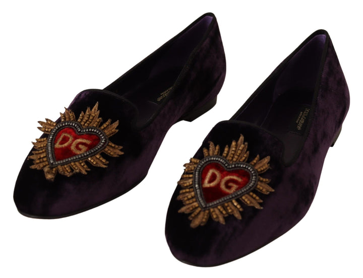 Women’s Dolce &amp; Gabbana Purple Velvet Dg Heart Loafers Flats Shoes