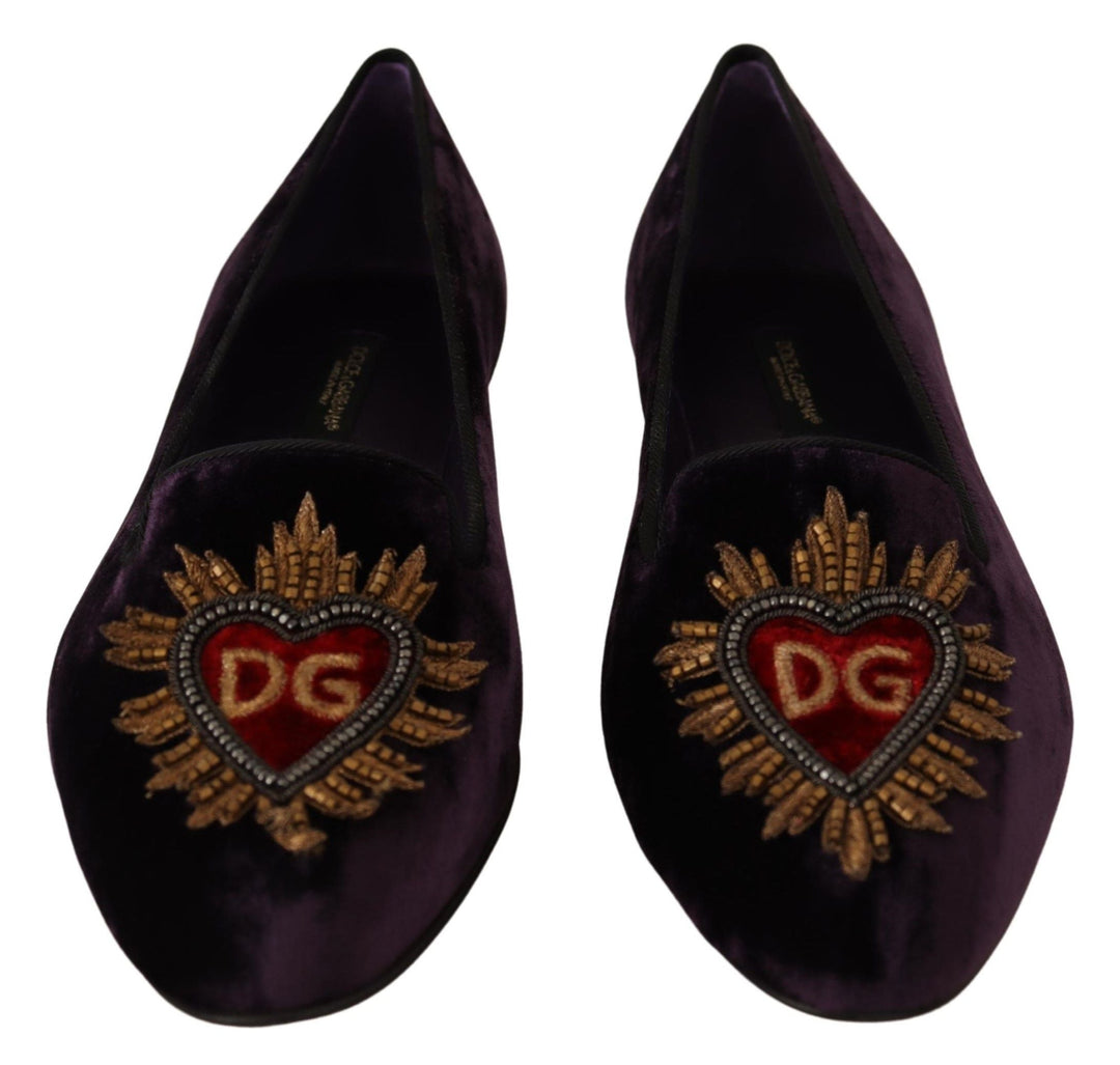Women’s Dolce &amp; Gabbana Purple Velvet Dg Heart Loafers Flats Shoes