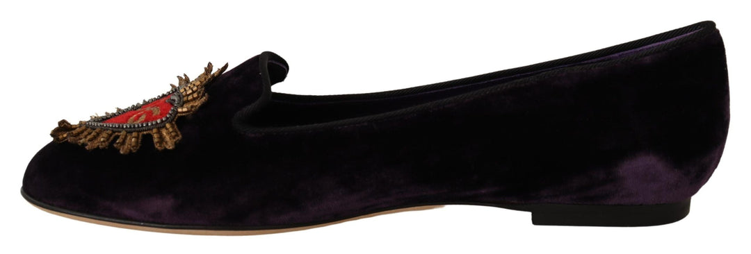 Women’s Dolce &amp; Gabbana Purple Velvet Dg Heart Loafers Flats Shoes