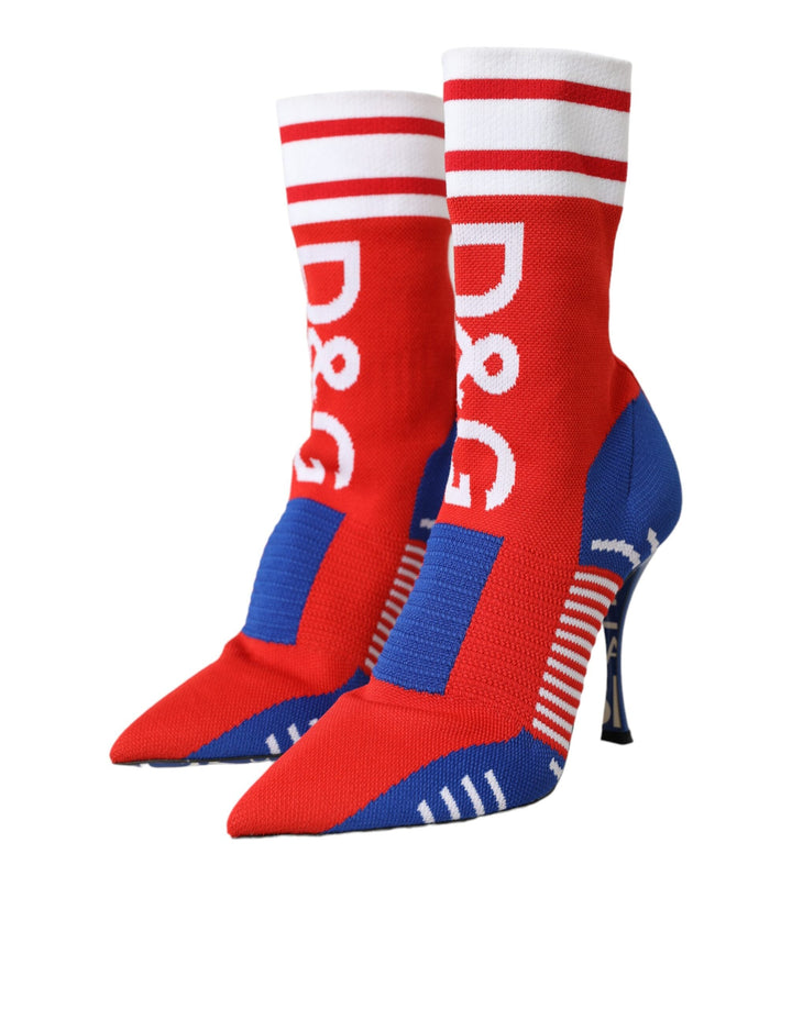 Women’s Dolce &amp; Gabbana Red Blue Stretch Sock Style Ankle Boots Logo Shoes