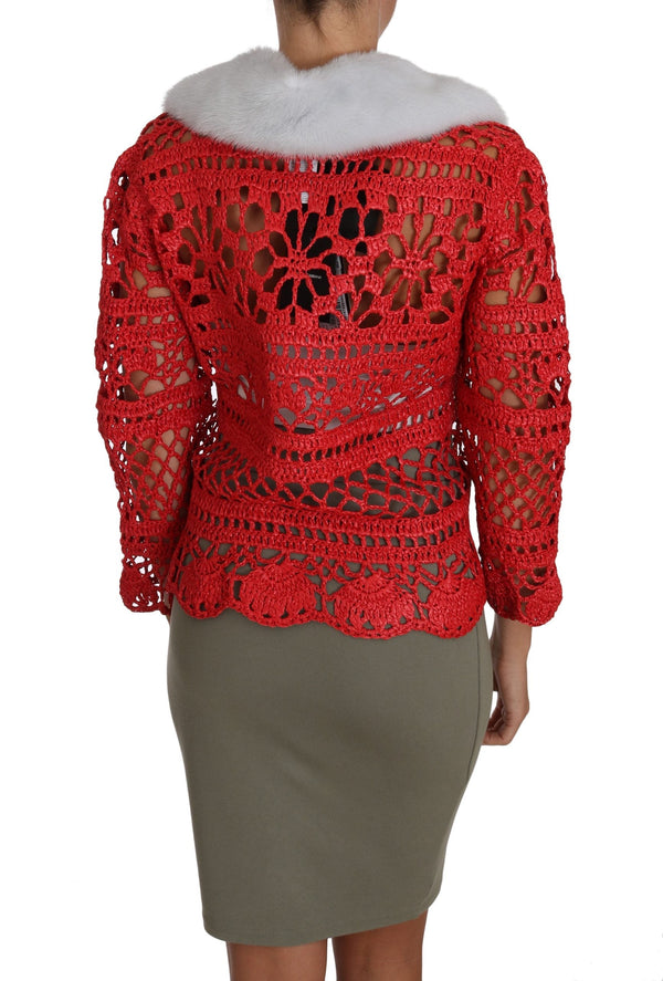 Women’s Dolce & Gabbana Red Cardigan Crochet Knit Raffia Sweater