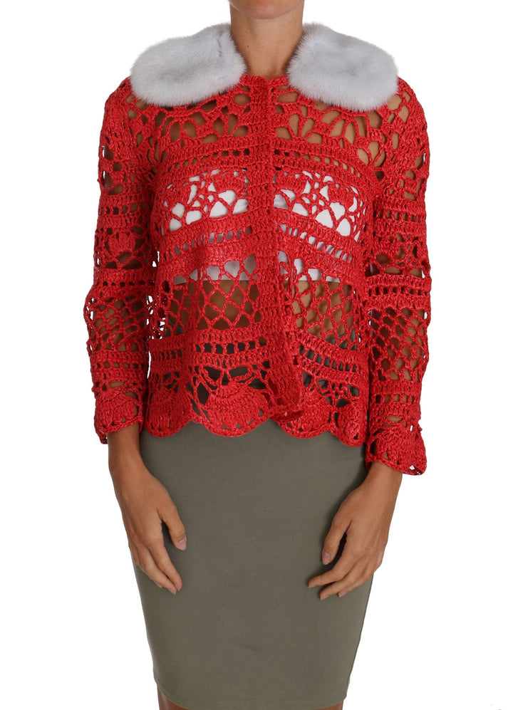 Women’s Dolce &amp; Gabbana Red Cardigan Crochet Knit Raffia Sweater