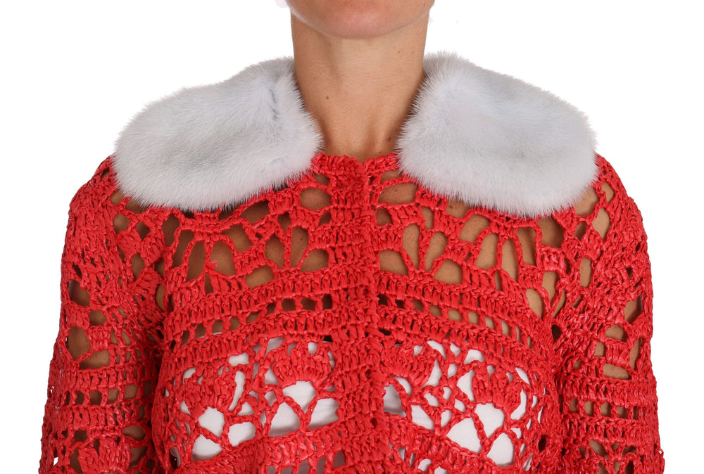 Women’s Dolce & Gabbana Red Cardigan Crochet Knit Raffia Sweater