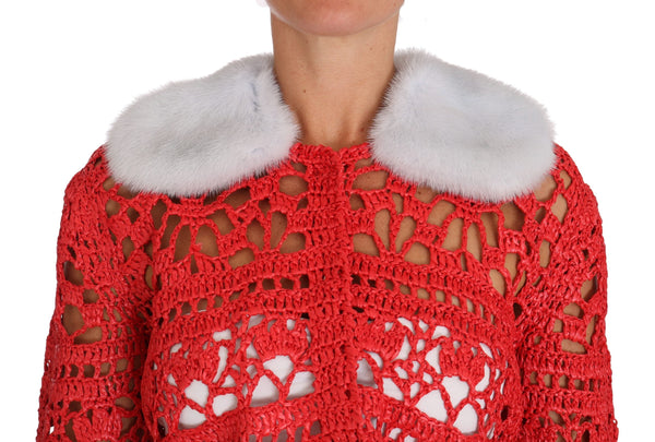 Women’s Dolce & Gabbana Red Cardigan Crochet Knit Raffia Sweater
