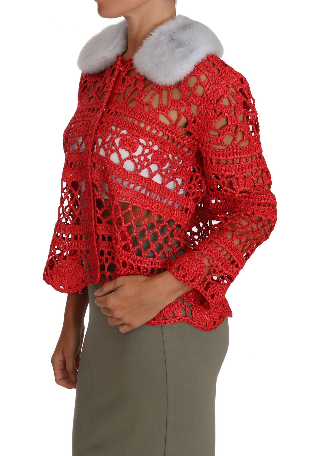 Women’s Dolce &amp; Gabbana Red Cardigan Crochet Knit Raffia Sweater
