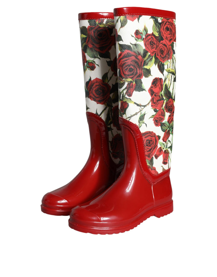 Women’s Dolce &amp; Gabbana Red Floral Rubber Knee High Flat Boots Shoes