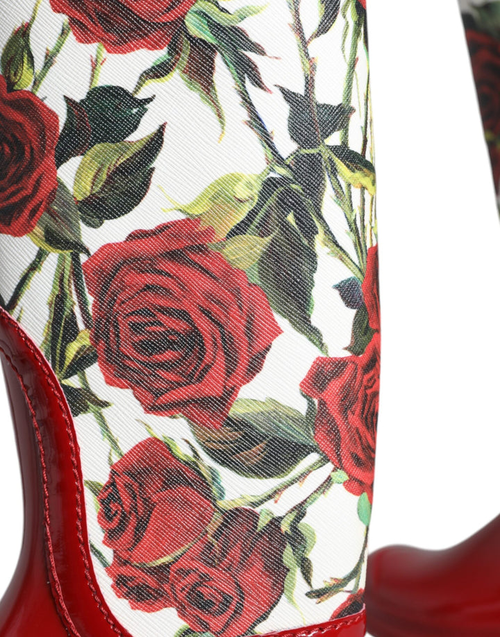 Women’s Dolce &amp; Gabbana Red Floral Rubber Knee High Flat Boots Shoes