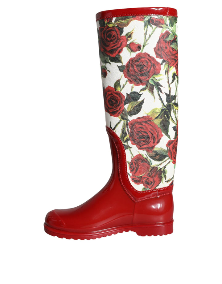 Women’s Dolce &amp; Gabbana Red Floral Rubber Knee High Flat Boots Shoes
