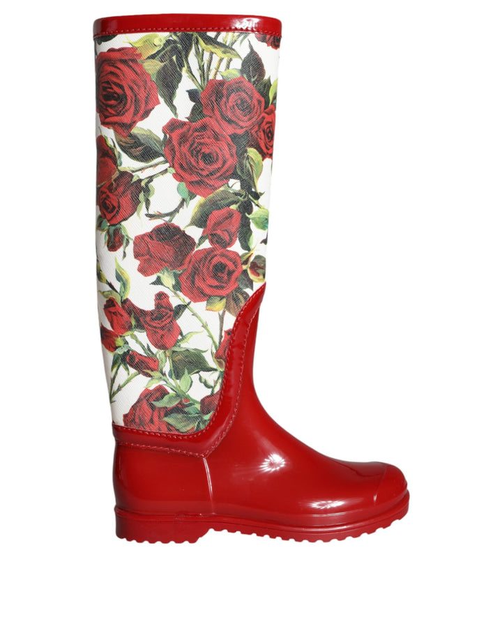 Women’s Dolce &amp; Gabbana Red Floral Rubber Knee High Flat Boots Shoes