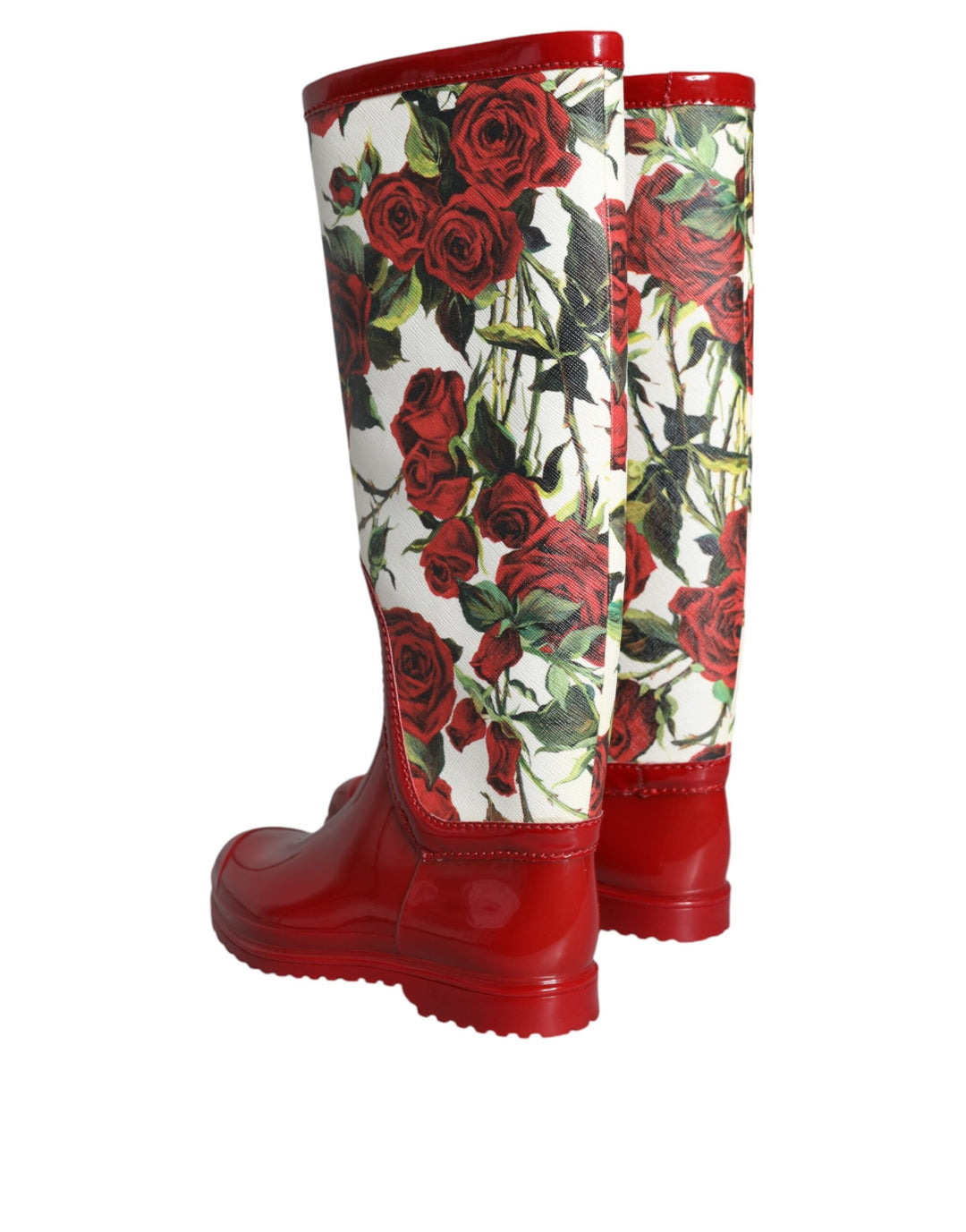 Women’s Dolce &amp; Gabbana Red Floral Rubber Knee High Flat Boots Shoes