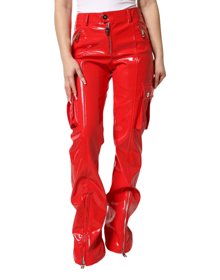 Dolce &amp; Gabbana Red Glossy Polyester Cargo Boot Cut Pants