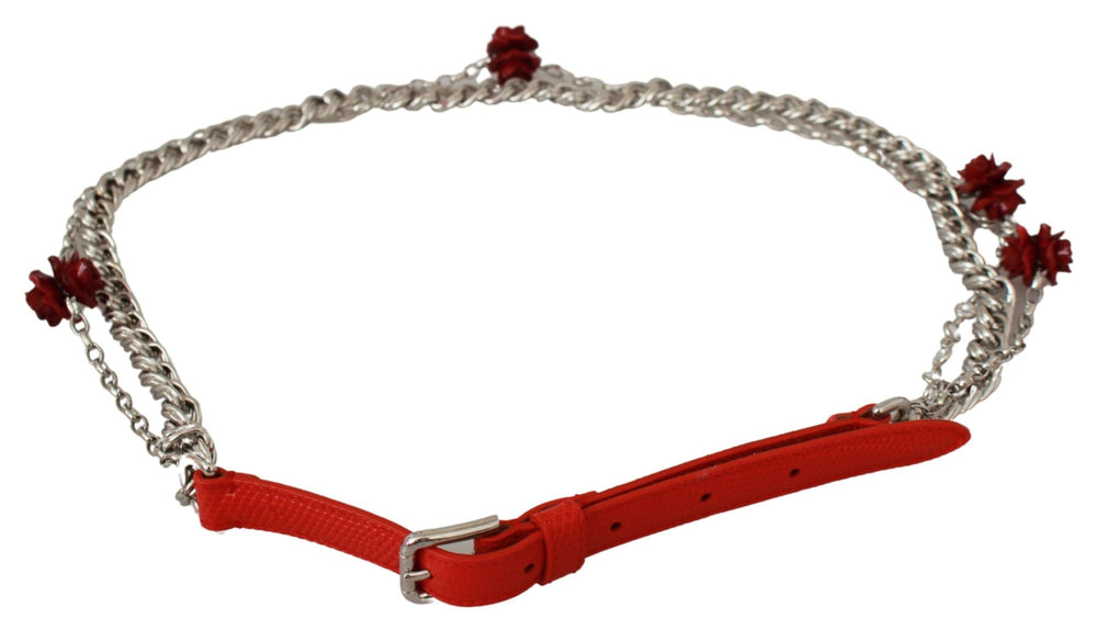 Women’s Dolce & Gabbana Red Leather Roses Floral Silver Waist Belt