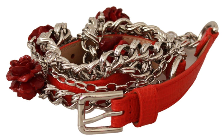 Women’s Dolce &amp; Gabbana Red Leather Roses Floral Silver Waist Belt