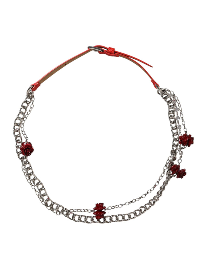 Women’s Dolce &amp; Gabbana Red Leather Silver Chain Floral Cintura Belt