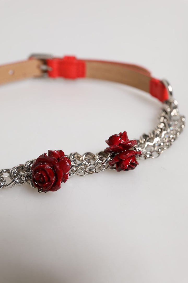 Women’s Dolce &amp; Gabbana Red Leather Silver Chain Floral Cintura Belt