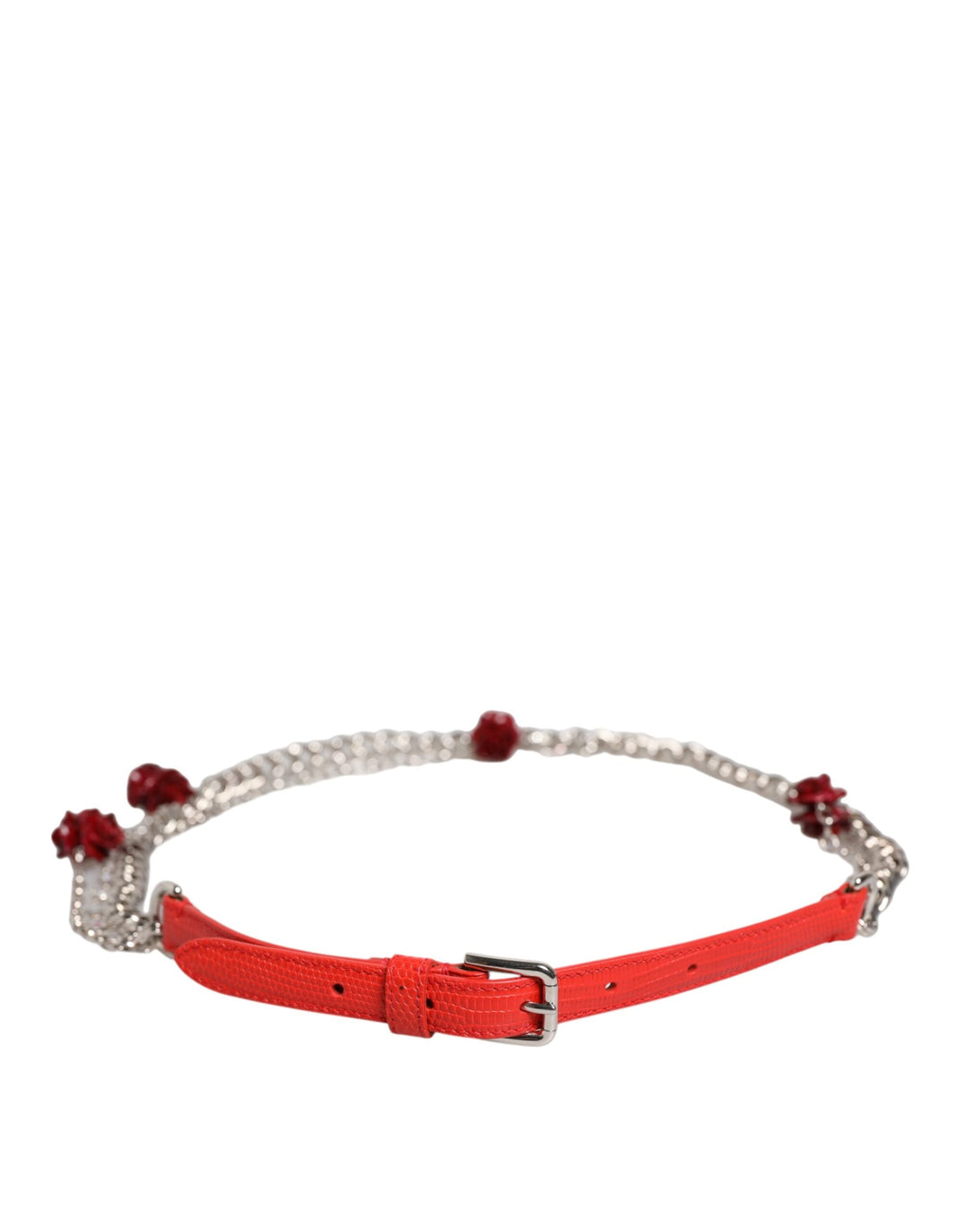 Women’s Dolce &amp; Gabbana Red Leather Silver Chain Floral Cintura Belt