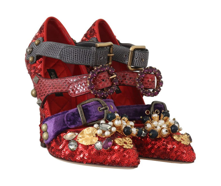 Women’s Dolce &amp; Gabbana Red Sequined Crystal Studs Heels Shoes