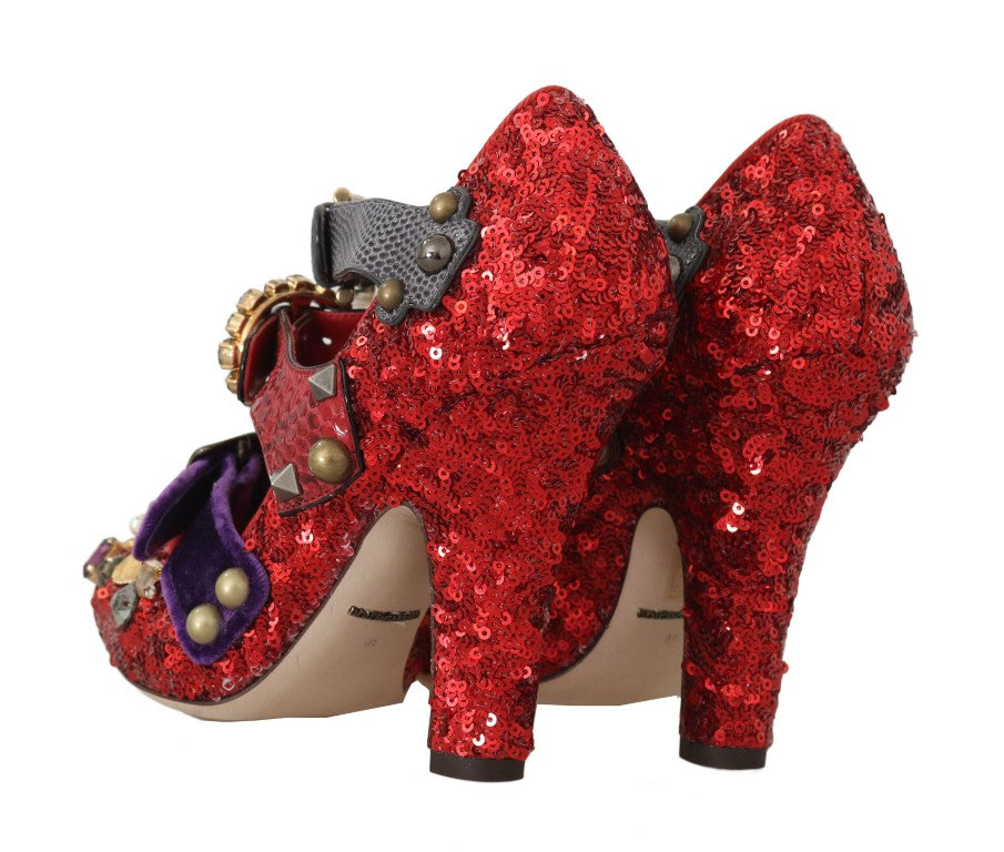 Women’s Dolce &amp; Gabbana Red Sequined Crystal Studs Heels Shoes