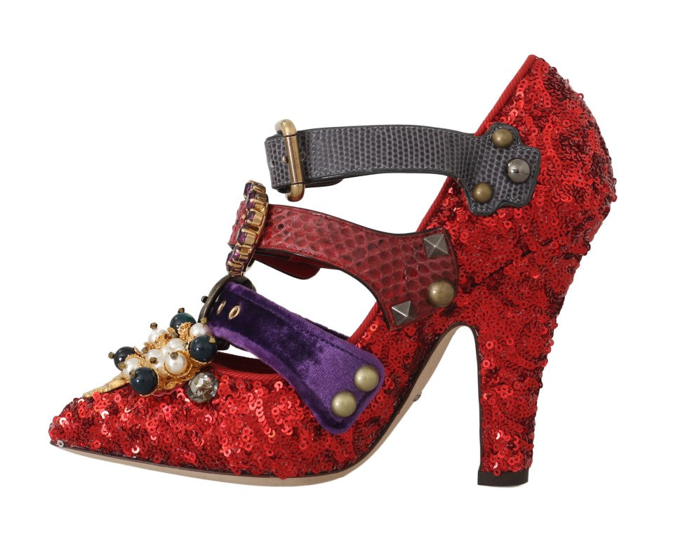 Women’s Dolce &amp; Gabbana Red Sequined Crystal Studs Heels Shoes