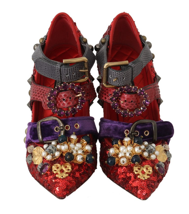 Women’s Dolce &amp; Gabbana Red Sequined Crystal Studs Heels Shoes
