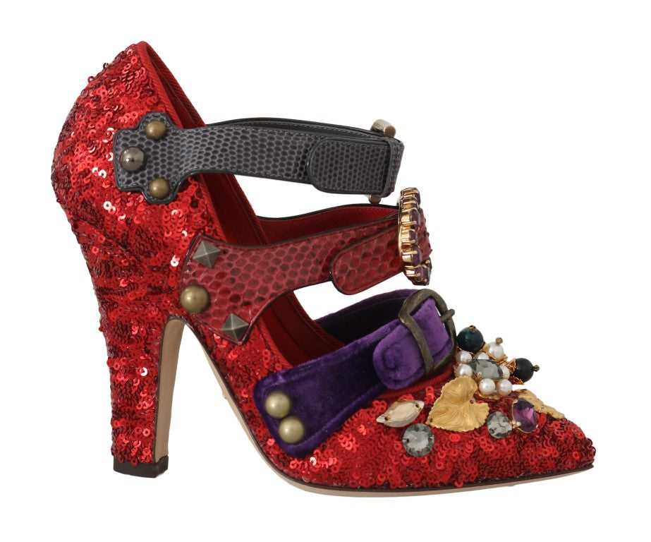 Women’s Dolce &amp; Gabbana Red Sequined Crystal Studs Heels Shoes