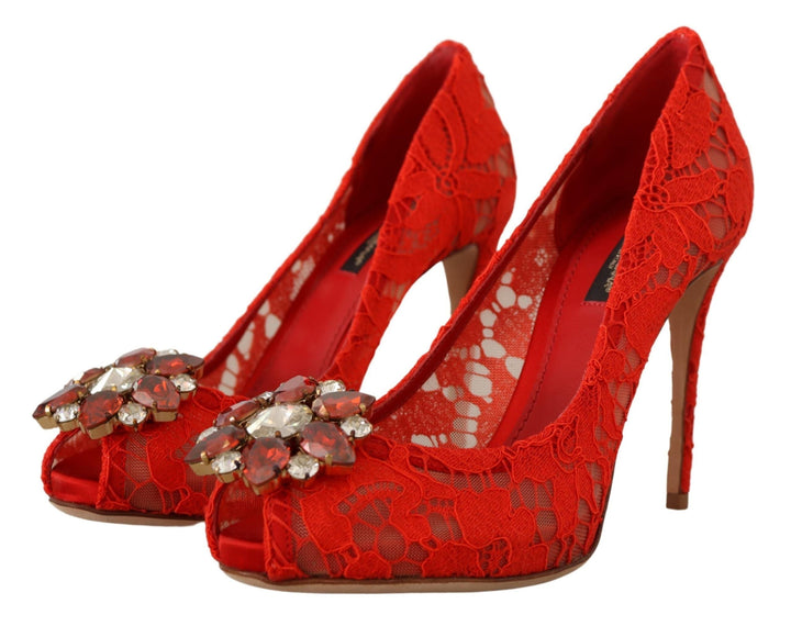 Women’s Dolce &amp; Gabbana Red Taormina Lace Crystal Heels Pumps