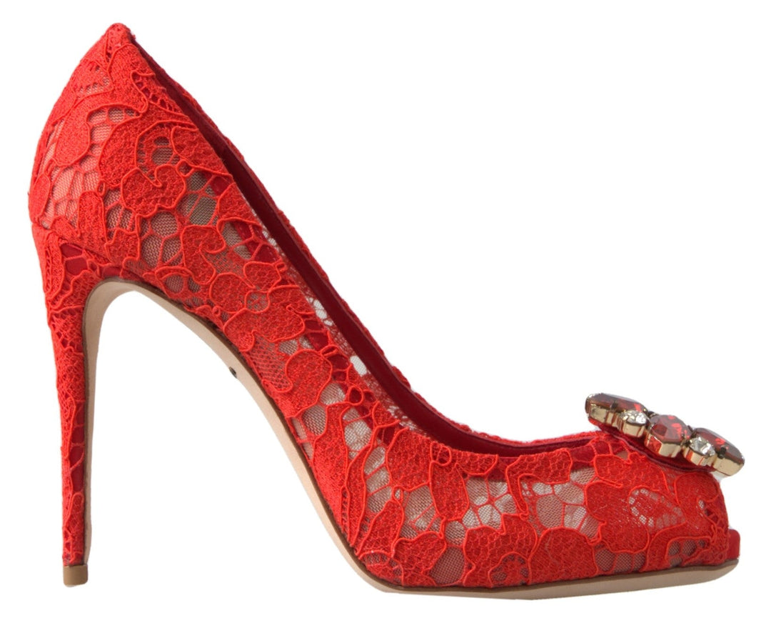 Women’s Dolce & Gabbana Red Taormina Lace Crystal Heels Pumps Shoes
