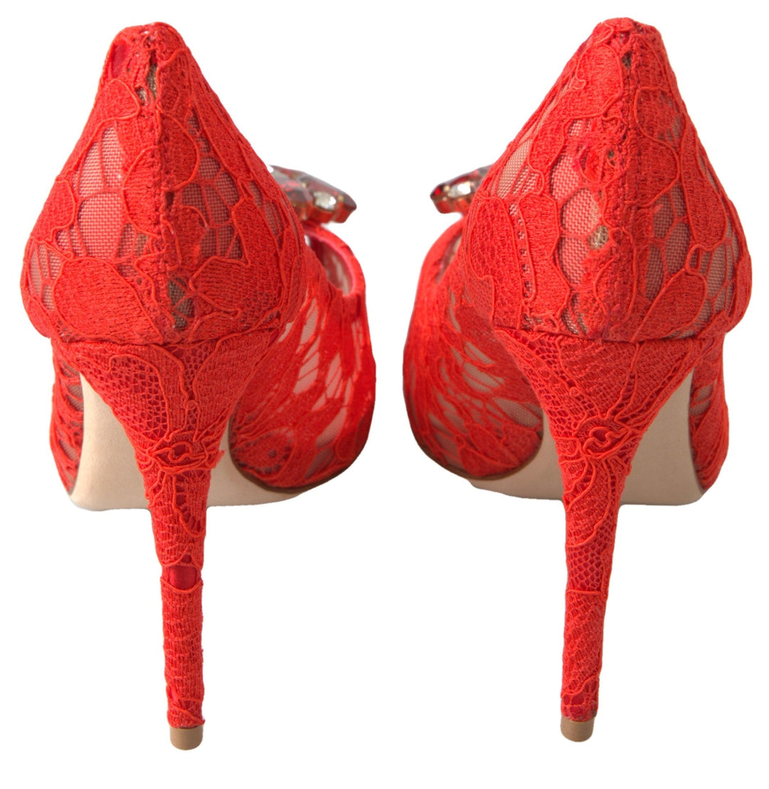 Women’s Dolce &amp; Gabbana Red Taormina Lace Crystal Heels Pumps Shoes