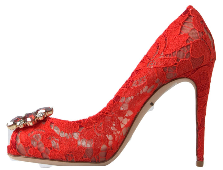 Women’s Dolce &amp; Gabbana Red Taormina Lace Crystal Heels Pumps Shoes