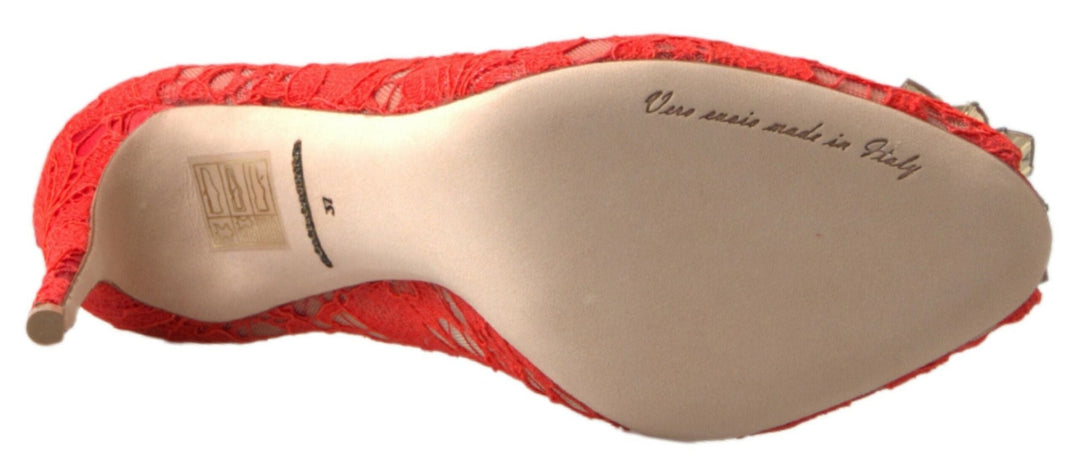 Women’s Dolce &amp; Gabbana Red Taormina Lace Crystal Heels Pumps Shoes