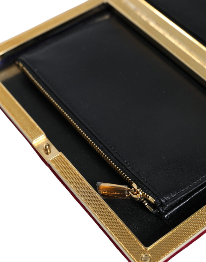 Women’s Dolce &amp; Gabbana Red Velvet Gold Frame Clutch Evening Party Purse Bag