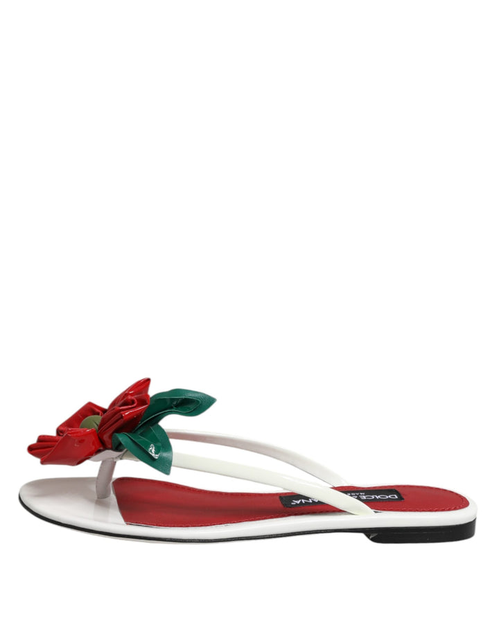 Women’s Dolce &amp; Gabbana Red White Keira Flower Leather Sandals Shoes