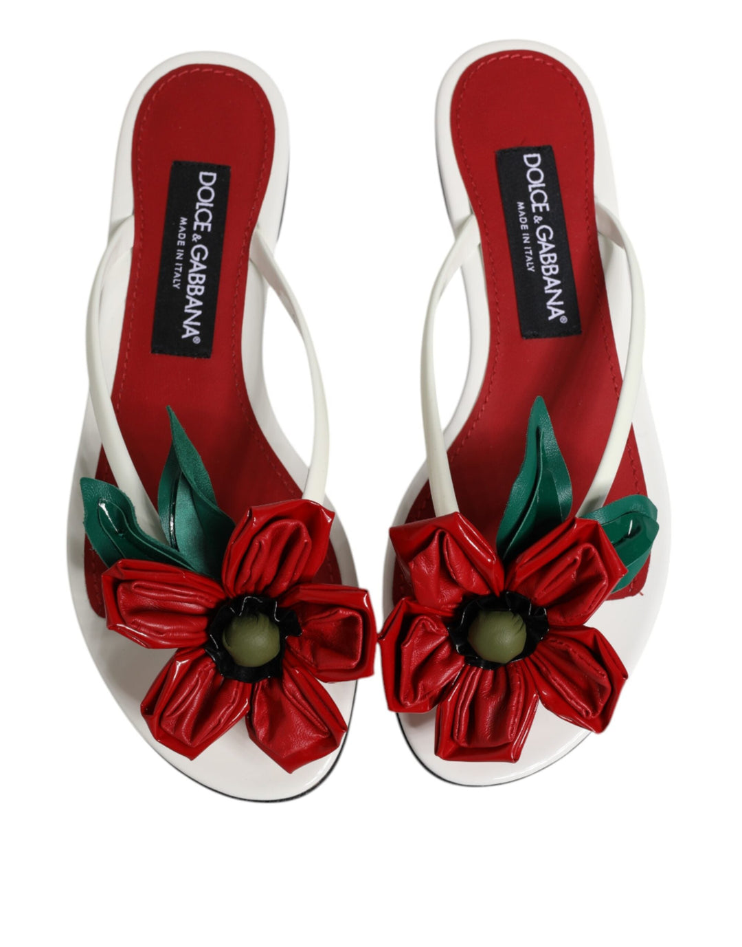 Women’s Dolce &amp; Gabbana Red White Keira Flower Leather Sandals Shoes