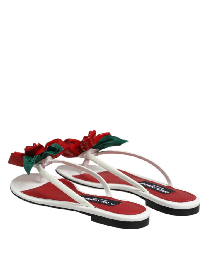 Women’s Dolce &amp; Gabbana Red White Keira Flower Leather Sandals Shoes