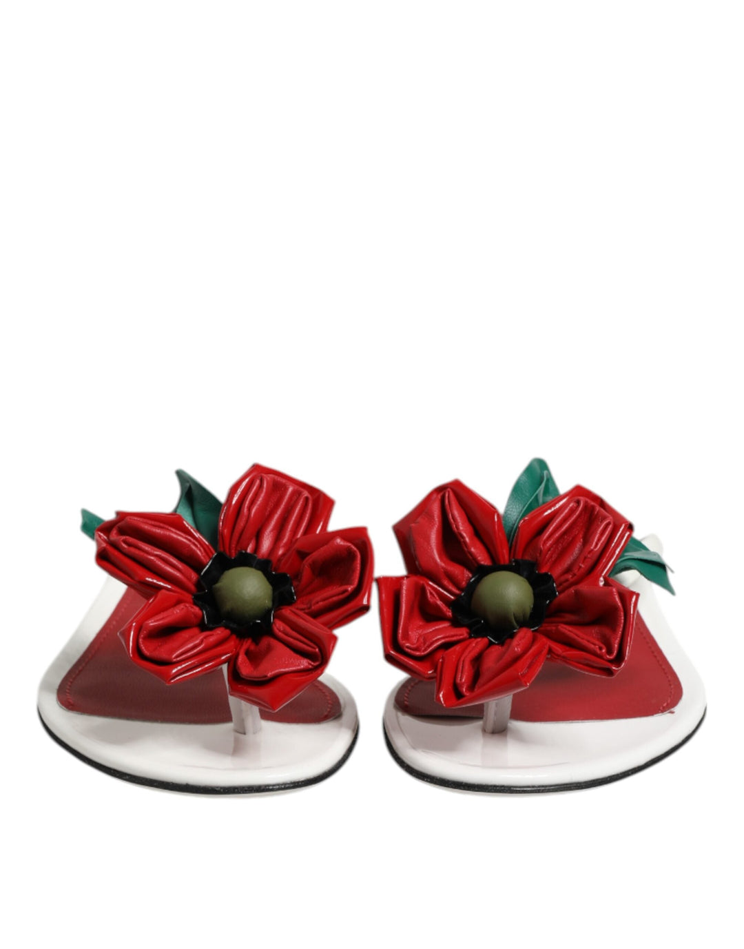 Women’s Dolce &amp; Gabbana Red White Keira Flower Leather Sandals Shoes