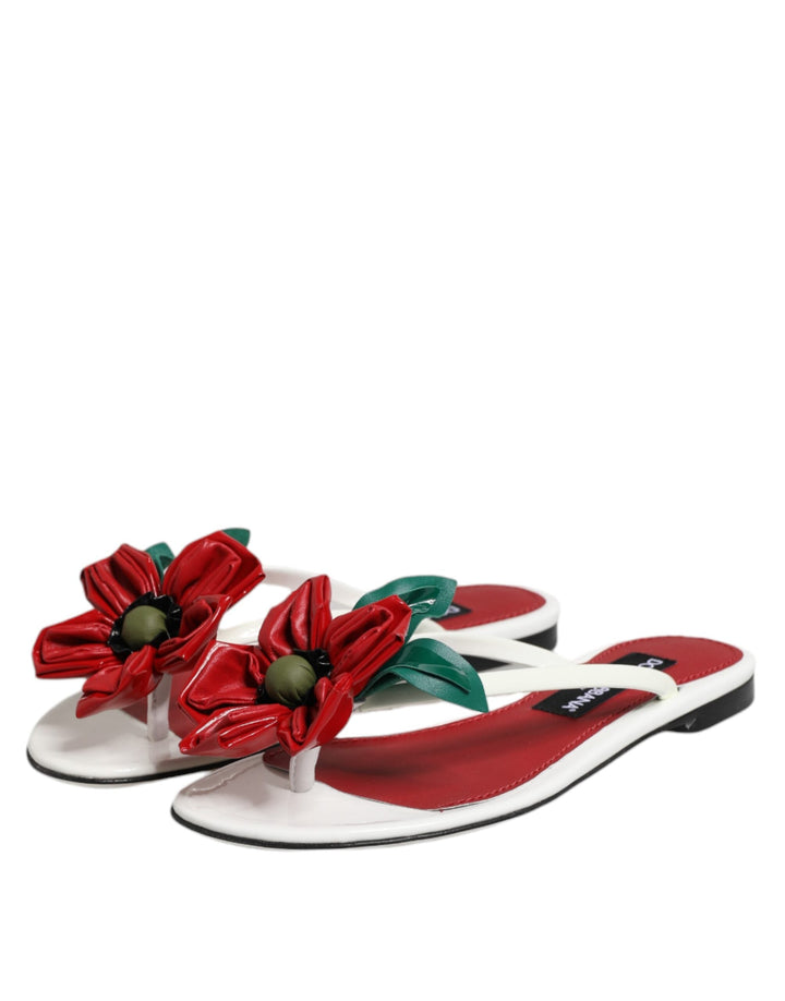 Women’s Dolce &amp; Gabbana Red White Keira Flower Leather Sandals Shoes