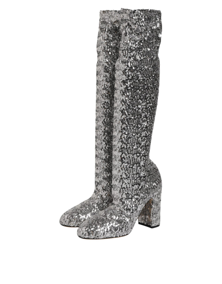 Dolce &amp; Gabbana Shoes Silver Sequins Glitter High Heel Boot Shoes