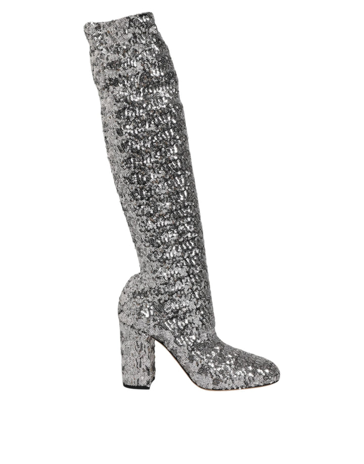 Dolce &amp; Gabbana Shoes Silver Sequins Glitter High Heel Boot Shoes