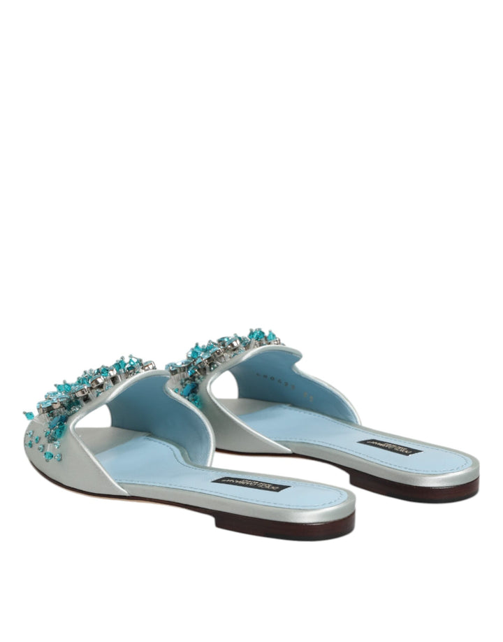 Women’s Dolce &amp; Gabbana Silver Blue Leather Bead Embellish Slide Shoes