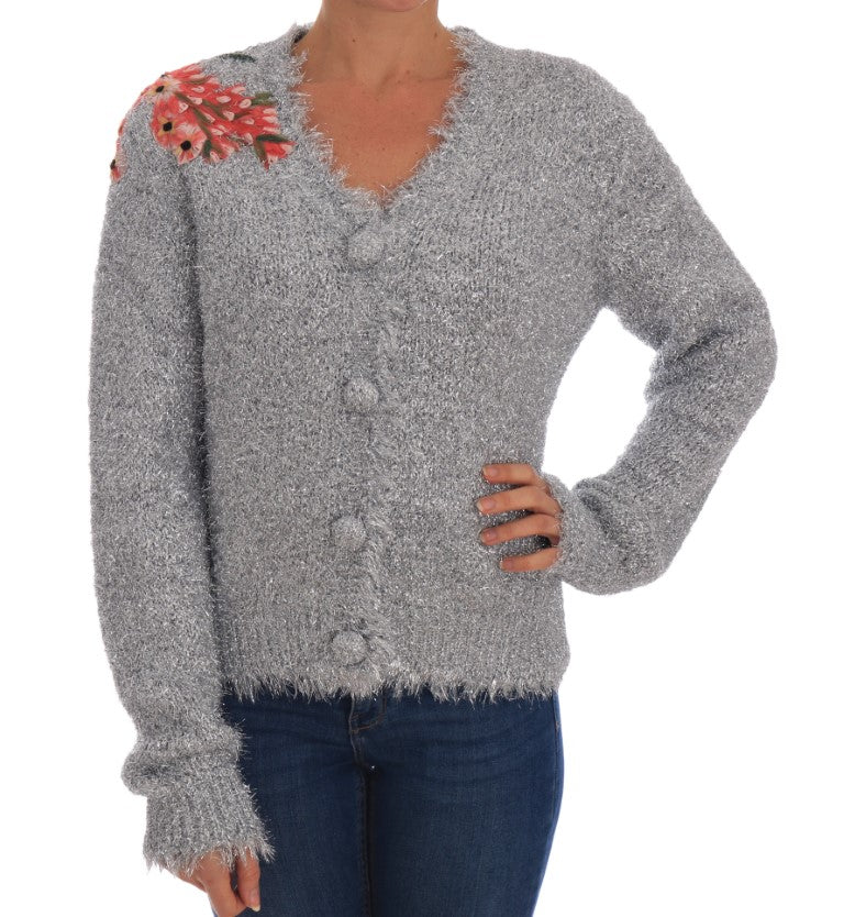 Women’s Dolce &amp; Gabbana Silver Cardigan Floral Applique Sweater
