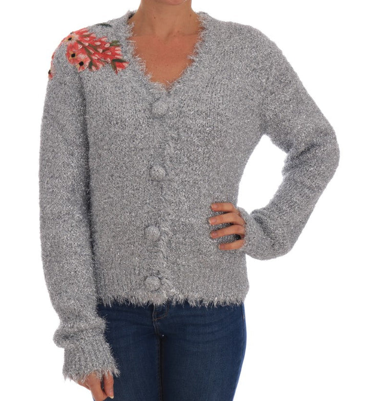 Women’s Dolce &amp; Gabbana Silver Cardigan Floral Applique Sweater