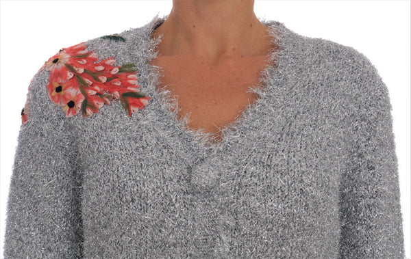 Women’s Dolce & Gabbana Silver Cardigan Floral Applique Sweater
