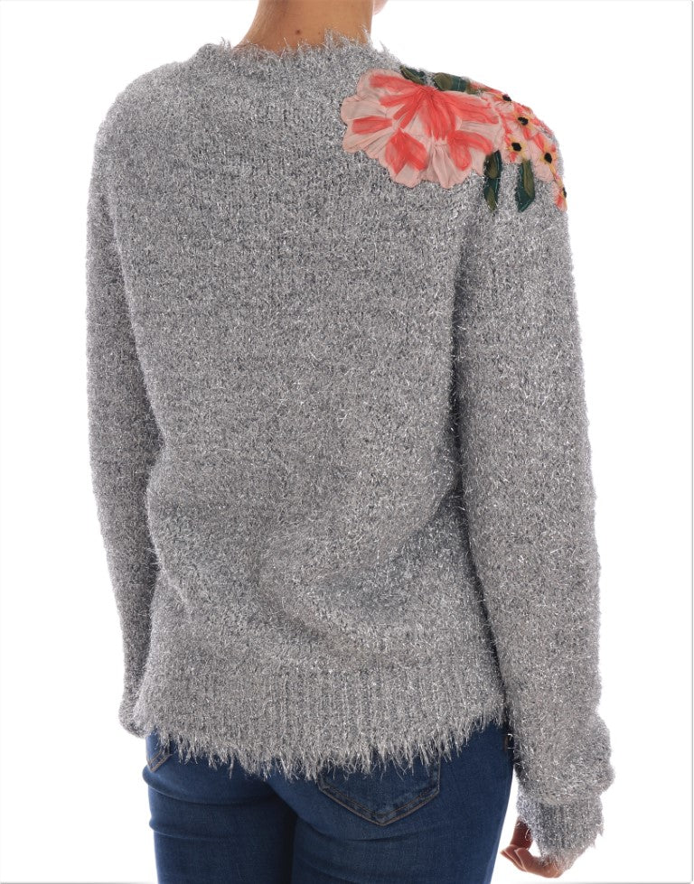 Women’s Dolce &amp; Gabbana Silver Cardigan Floral Applique Sweater